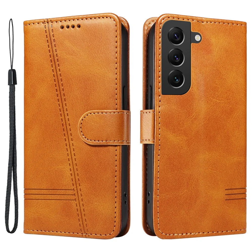For Samsung Galaxy S21 FE 5G Case Imprinting Lines Wallet Leather Phone Cover - Yellow - 1