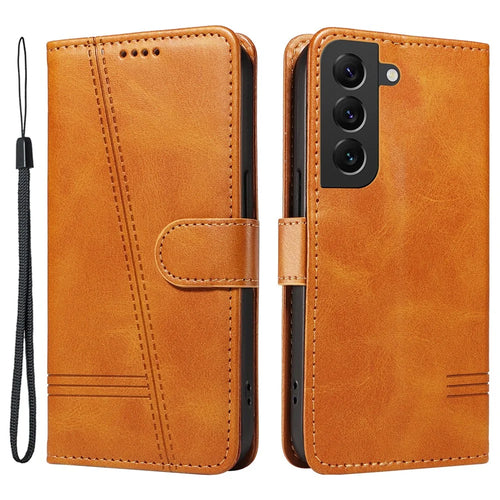 For Samsung Galaxy S21 FE 5G Case Imprinting Lines Wallet Leather Phone Cover - Yellow - 1