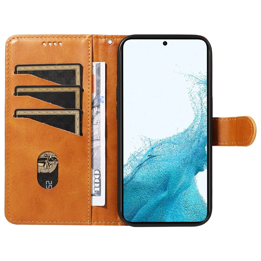 For Samsung Galaxy S21 FE 5G Case Imprinting Lines Wallet Leather Phone Cover - Yellow - 2