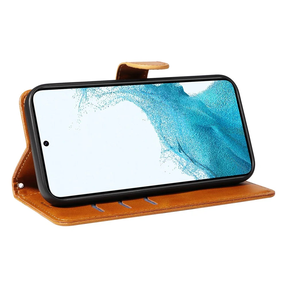 For Samsung Galaxy S21 FE 5G Case Imprinting Lines Wallet Leather Phone Cover - Yellow - 3