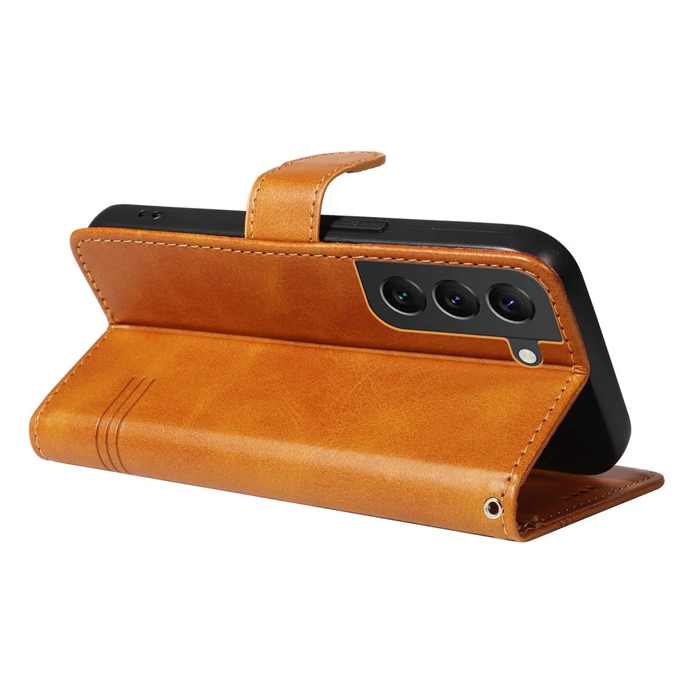 For Samsung Galaxy S21 FE 5G Case Imprinting Lines Wallet Leather Phone Cover - Yellow - 4