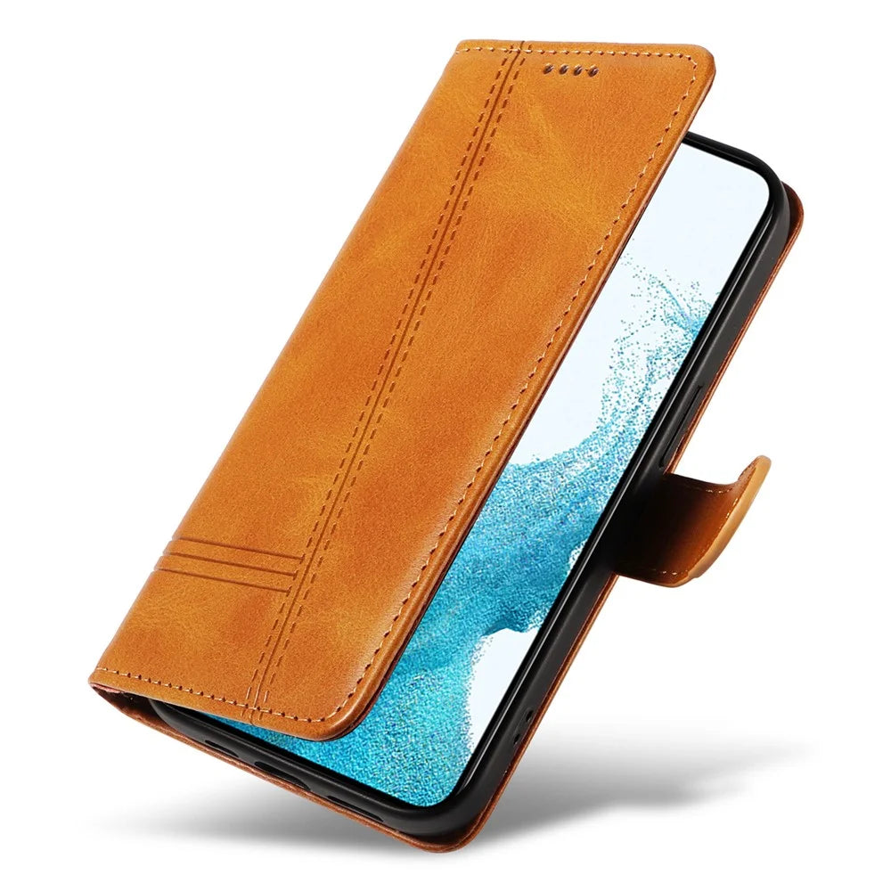 For Samsung Galaxy S21 FE 5G Case Imprinting Lines Wallet Leather Phone Cover - Yellow - 5