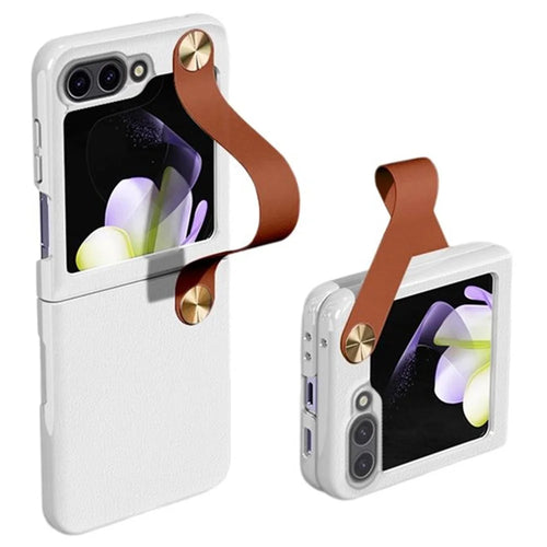 GKK For Samsung Galaxy Z Flip7 FE 5G / Z Flip6 5G Case Ultra-Thin PC+PU Folding Phone Case with Leather Strap - White / Brown - 1