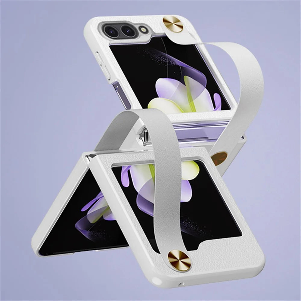 GKK For Samsung Galaxy Z Flip7 FE 5G / Z Flip6 5G Case Ultra-Thin PC+PU Folding Phone Case with Leather Strap - White / Brown - 2