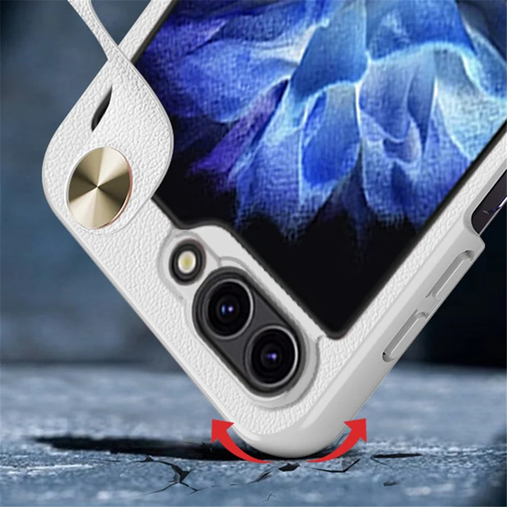 GKK For Samsung Galaxy Z Flip7 FE 5G / Z Flip6 5G Case Ultra-Thin PC+PU Folding Phone Case with Leather Strap - White / Brown - 3