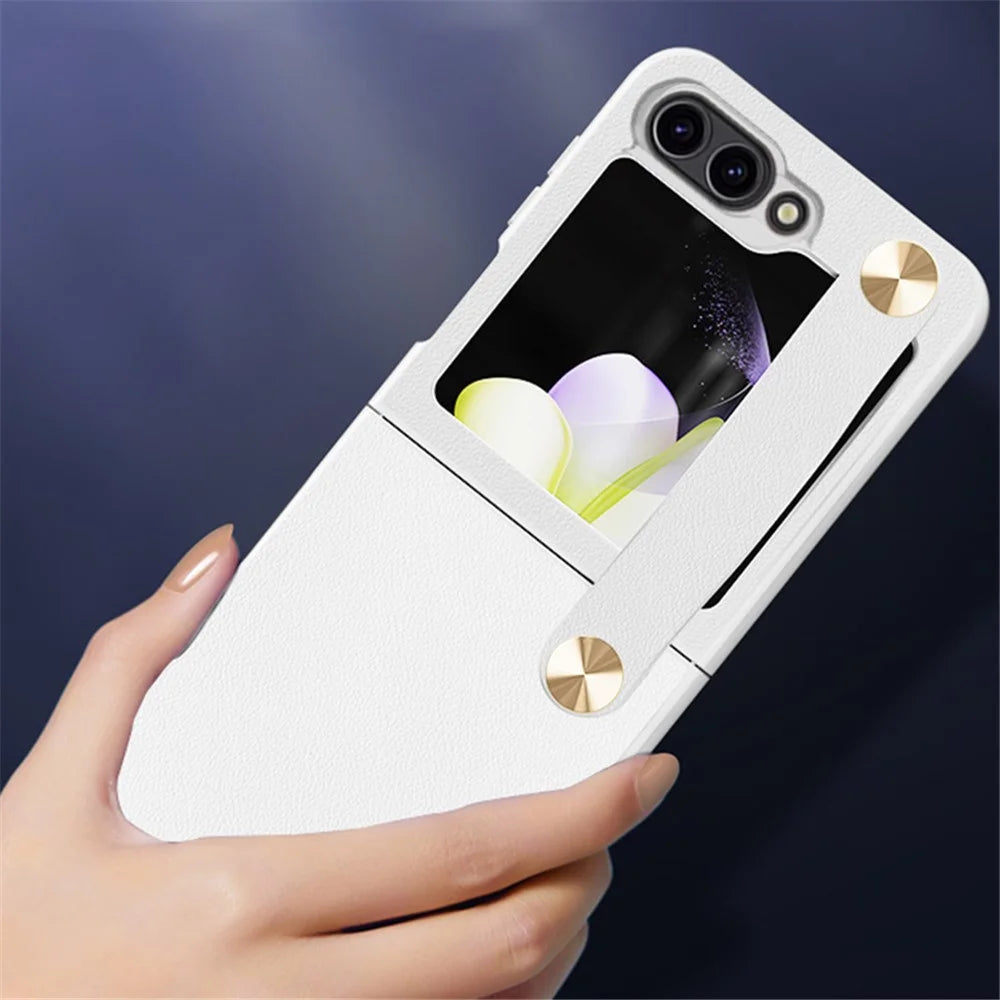 GKK For Samsung Galaxy Z Flip7 FE 5G / Z Flip6 5G Case Ultra-Thin PC+PU Folding Phone Case with Leather Strap - White / Brown - 4