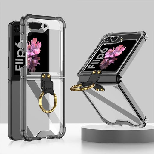 GKK For Samsung Galaxy Z Flip7 FE 5G / Z Flip6 5G Case Ring Holder Kickstand TPU Phone Cover - Transparent Black - 1