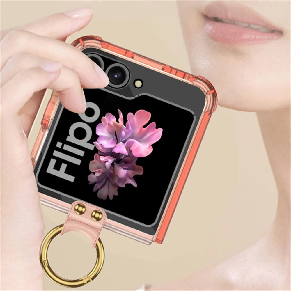 GKK For Samsung Galaxy Z Flip7 FE 5G / Z Flip6 5G Case Ring Holder Kickstand TPU Phone Cover - Transparent Black - 7