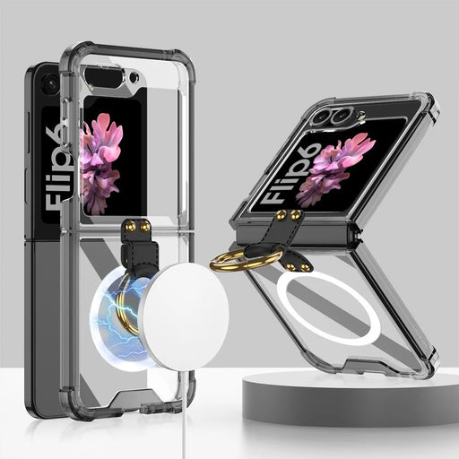 GKK For Samsung Galaxy Z Flip7 FE 5G / Z Flip6 5G Case Ring Kickstand TPU Phone Cover Magnetic Case - Transparent Black - 1