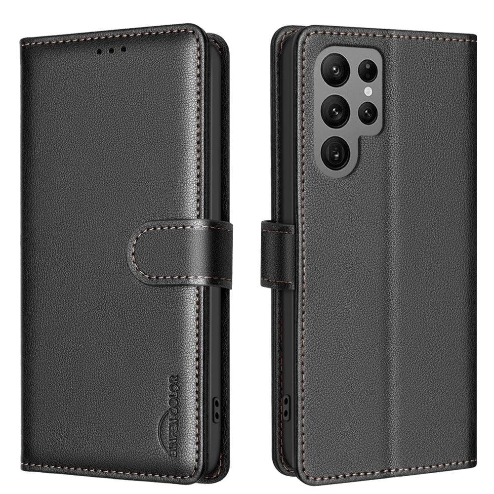 BINFEN COLOR BF32 For Samsung Galaxy S22 Ultra 5G Case Litchi Texture RFID Blocking Leather Phone Cover - Black - 1
