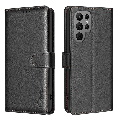 BINFEN COLOR BF32 For Samsung Galaxy S22 Ultra 5G Case Litchi Texture RFID Blocking Leather Phone Cover - Black - 1