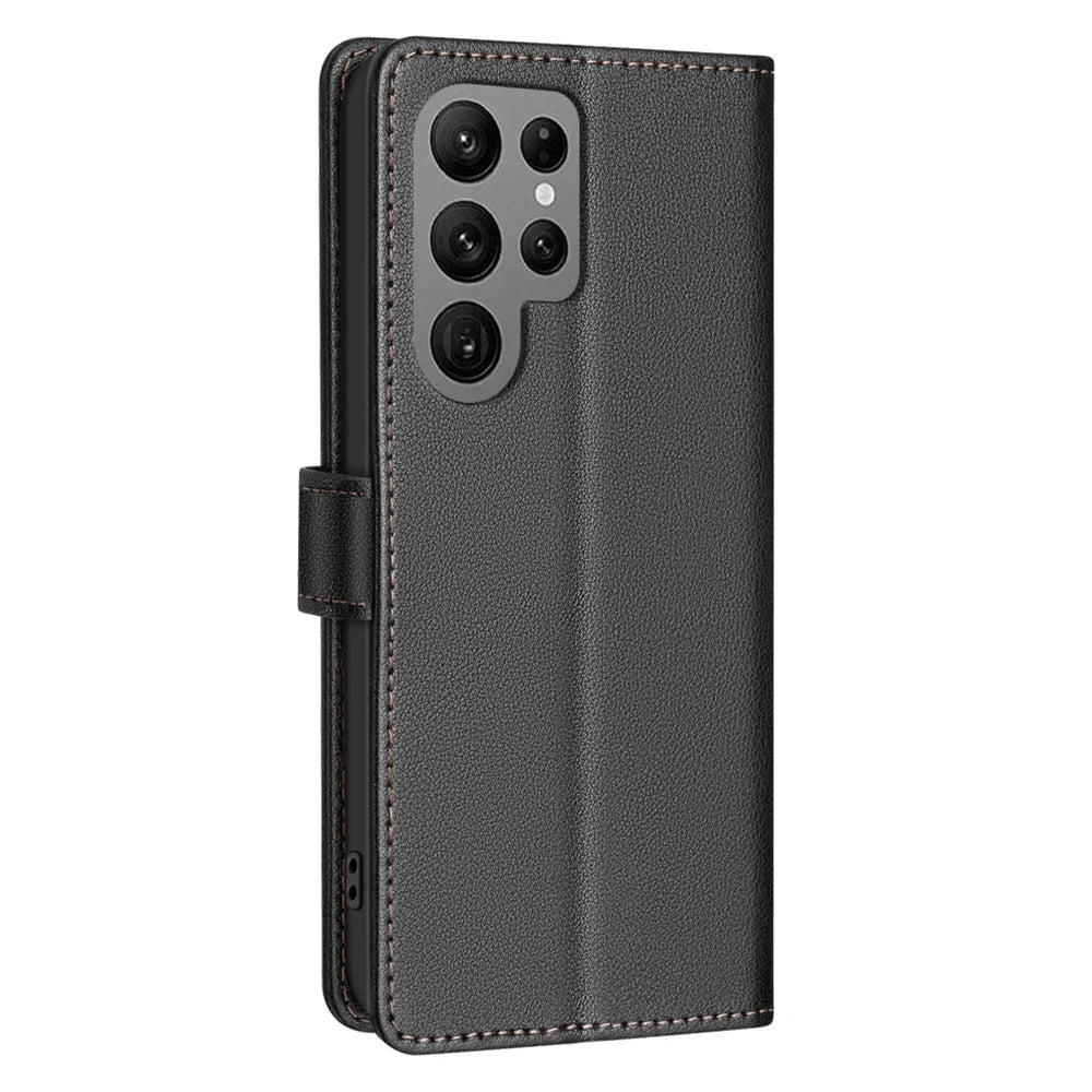 BINFEN COLOR BF32 For Samsung Galaxy S22 Ultra 5G Case Litchi Texture RFID Blocking Leather Phone Cover - Black - 7