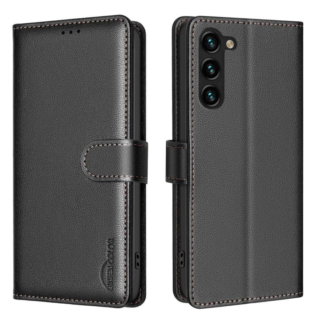 BINFEN COLOR BF32 For Samsung Galaxy S22+ 5G Leather Case Wallet Litchi Texture Phone Cover - Black - 1