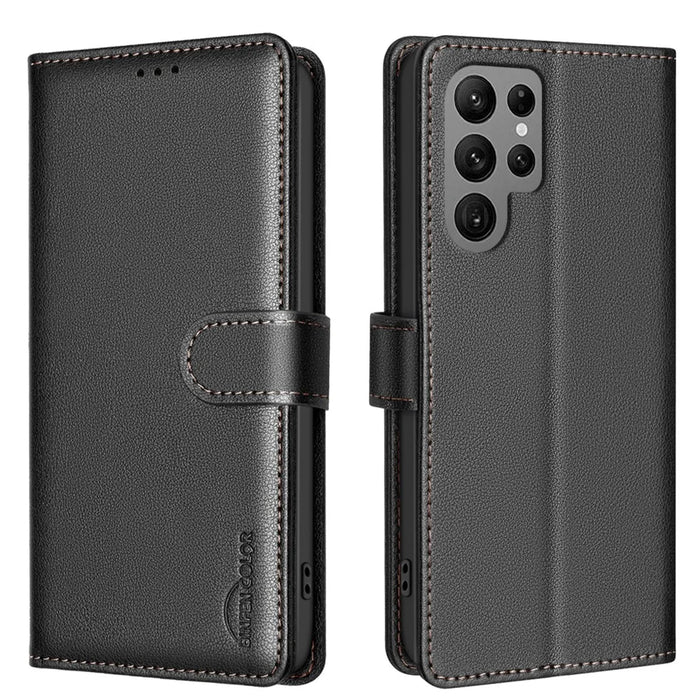 BINFEN COLOR BF32 For Samsung Galaxy S23 Ultra Case RFID Blocking Leather Wallet Phone Cover - Black - 1