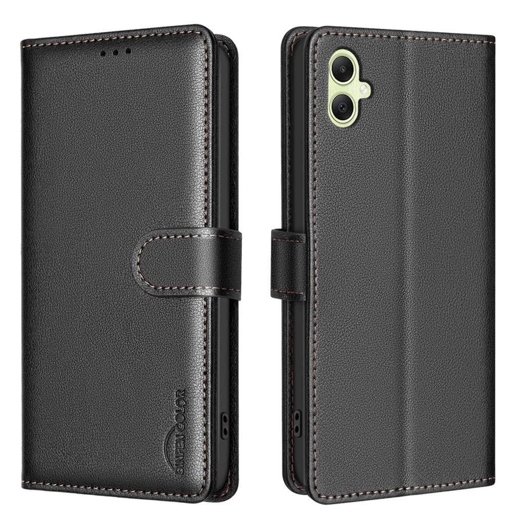 BINFEN COLOR BF32 For Samsung Galaxy A05 4G Case RFID Blocking Card Slots Leather Cover - Black - 1