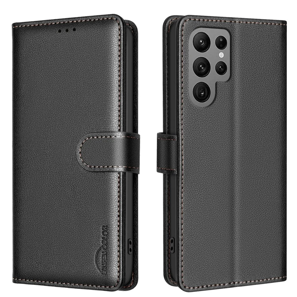 BINFEN COLOR BF32 For Samsung Galaxy S24 Ultra RFID Blocking Case Litchi Texture PU Leather Stand Phone Cover - Black - 1