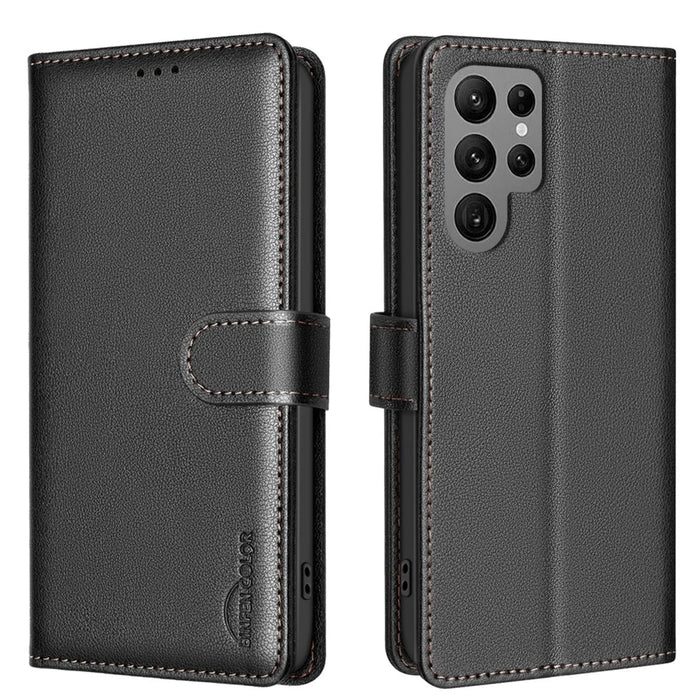 BINFEN COLOR BF32 For Samsung Galaxy S24 Ultra RFID Blocking Case Litchi Texture PU Leather Stand Phone Cover - Black - 1