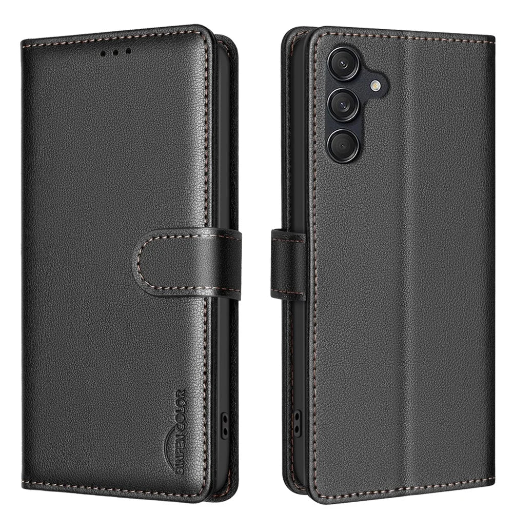 BINFEN COLOR BF32 For Samsung Galaxy A55 5G Case RFID Blocking Wallet Leather Stand Phone Cover - Black - 1
