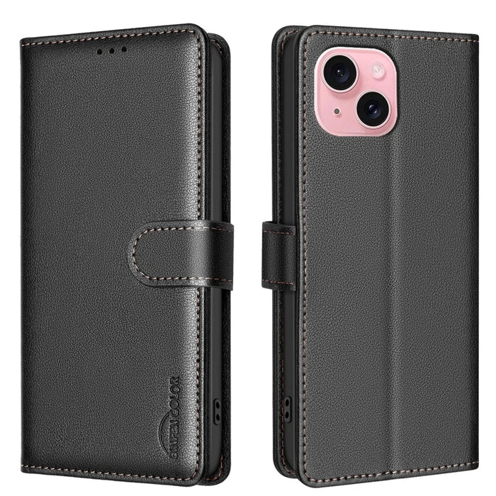 BINFEN COLOR BF32 For iPhone 13 / 14 Case RFID Blocking Litchi Texture Leather Cover - Black - 1