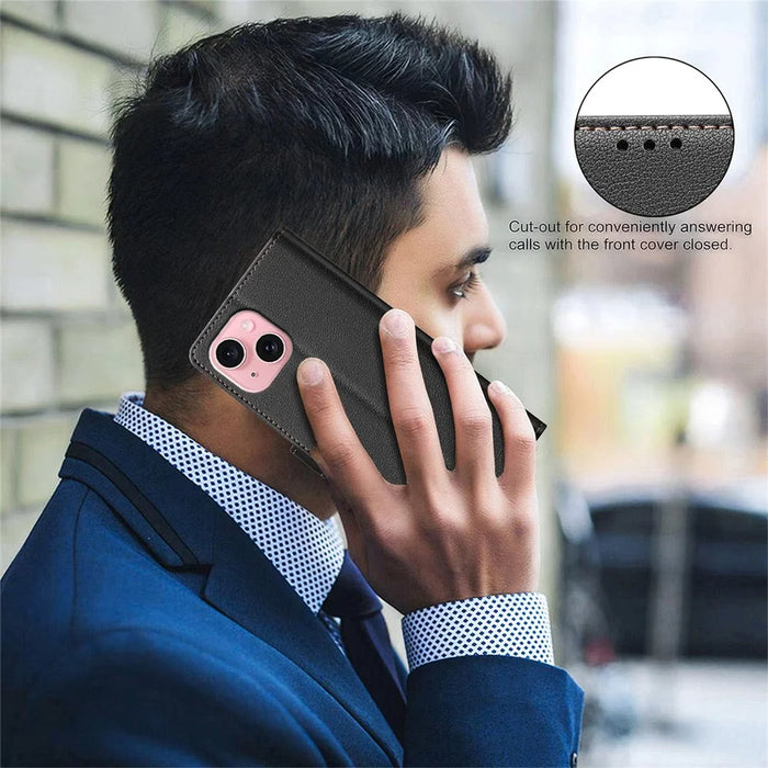 BINFEN COLOR BF32 For iPhone 13 / 14 Case RFID Blocking Litchi Texture Leather Cover - Black - 5