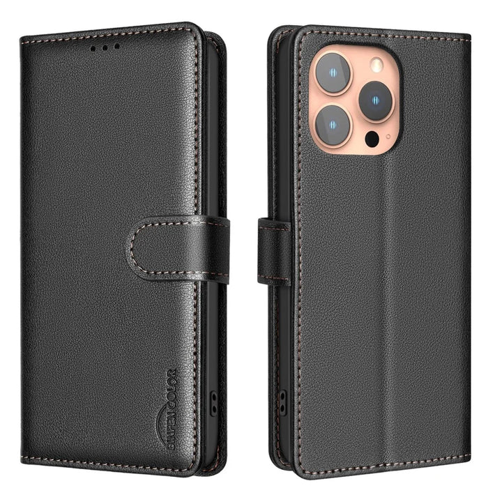 BINFEN COLOR BF32 For iPhone 15 Pro Max Case Litchi Texture RFID Blocking Leather Phone Cover - Black - 1
