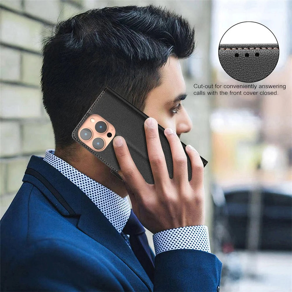 BINFEN COLOR BF32 For iPhone 15 Pro Case Litchi Texture RFID Blocking Leather Phone Cover - Black - 5