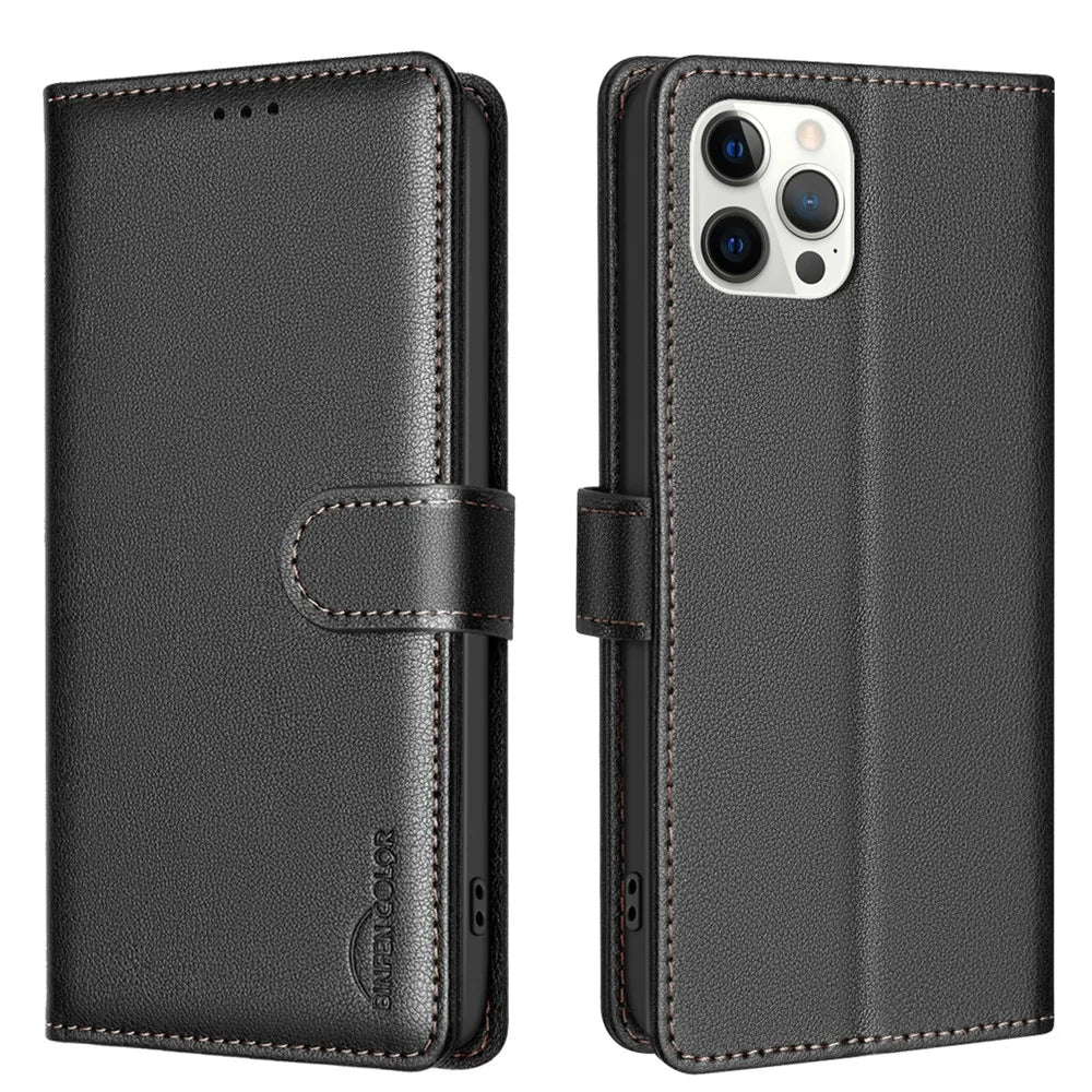 BINFEN COLOR BF32 For iPhone 12 / 12 Pro Phone Case Litchi Texture RFID Blocking Leather Phone Cover - Black - 1