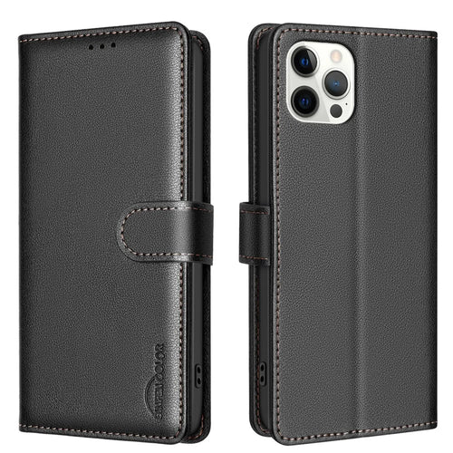 BINFEN COLOR BF32 For iPhone 12 / 12 Pro Phone Case Litchi Texture RFID Blocking Leather Phone Cover - Black - 1