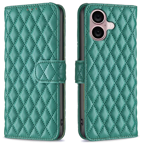 BINFEN COLOR BF Style-14 For iPhone 16 Plus Case Rhombus Grid Wallet Leather Phone Cover - Green - 1