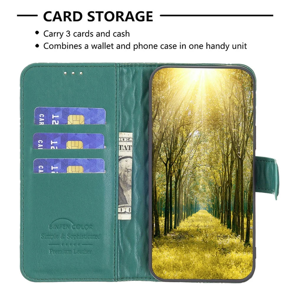 BINFEN COLOR BF Style-14 For iPhone 16 Plus Case Rhombus Grid Wallet Leather Phone Cover - Green - 2