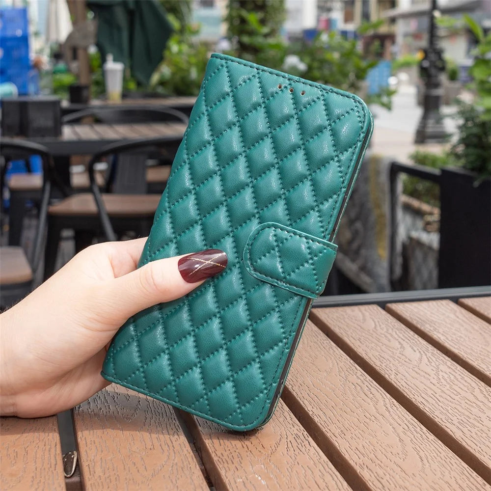 BINFEN COLOR BF Style-14 For iPhone 16 Plus Case Rhombus Grid Wallet Leather Phone Cover - Green - 4
