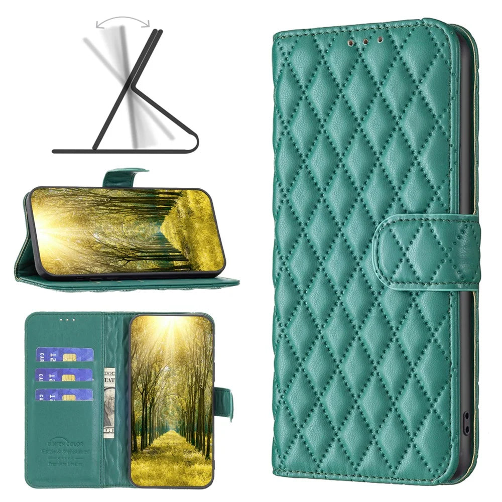 BINFEN COLOR BF Style-14 For iPhone 16 Plus Case Rhombus Grid Wallet Leather Phone Cover - Green - 5