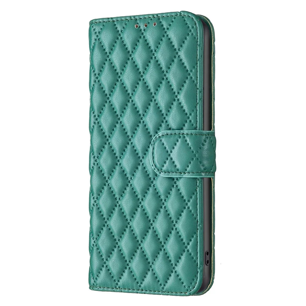 BINFEN COLOR BF Style-14 For iPhone 16 Plus Case Rhombus Grid Wallet Leather Phone Cover - Green - 6
