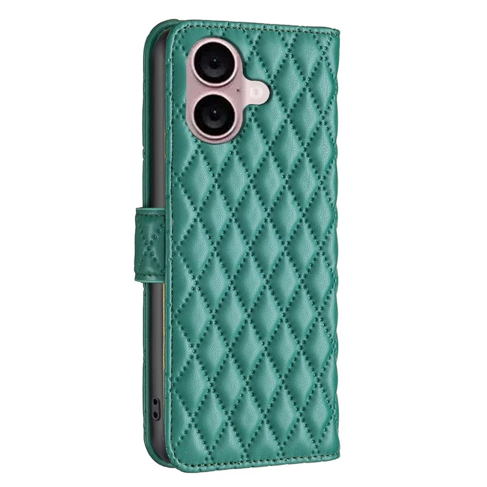 BINFEN COLOR BF Style-14 For iPhone 16 Plus Case Rhombus Grid Wallet Leather Phone Cover - Green - 7