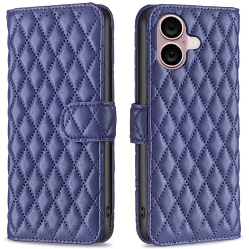 BINFEN COLOR BF Style-14 For iPhone 16 Case Rhombus Grid Leather Wallet Stand Phone Cover - Blue - 1