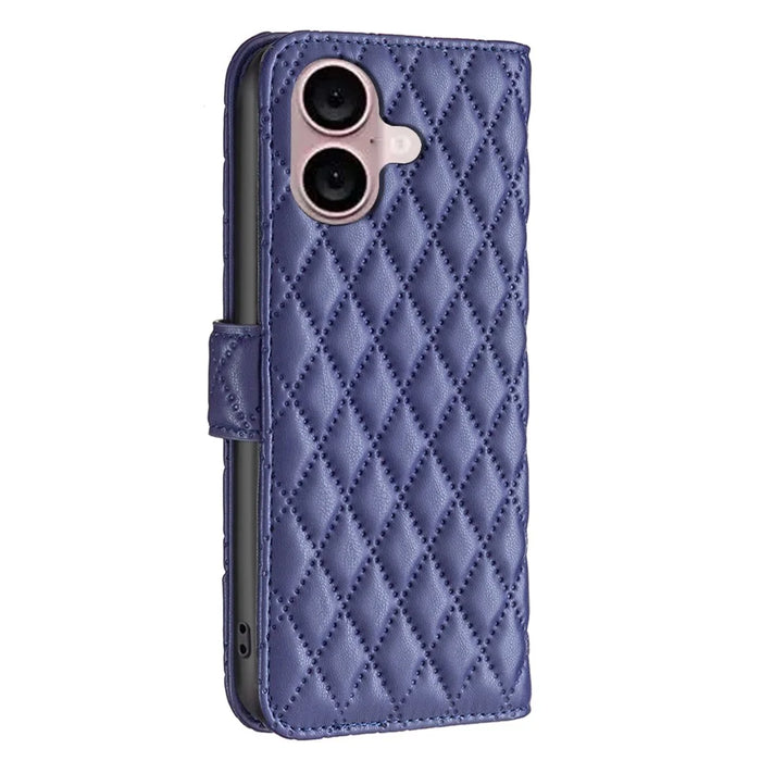 BINFEN COLOR BF Style-14 For iPhone 16 Case Rhombus Grid Leather Wallet Stand Phone Cover - Blue - 7