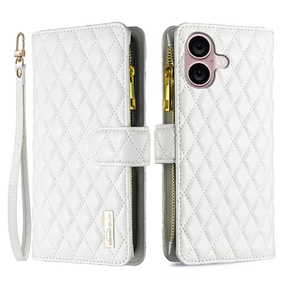 BINFEN COLOR BF Style-15 For iPhone 16 Plus Case Rhombus Imprint Zipper Wallet Leather Phone Cover - White - 1