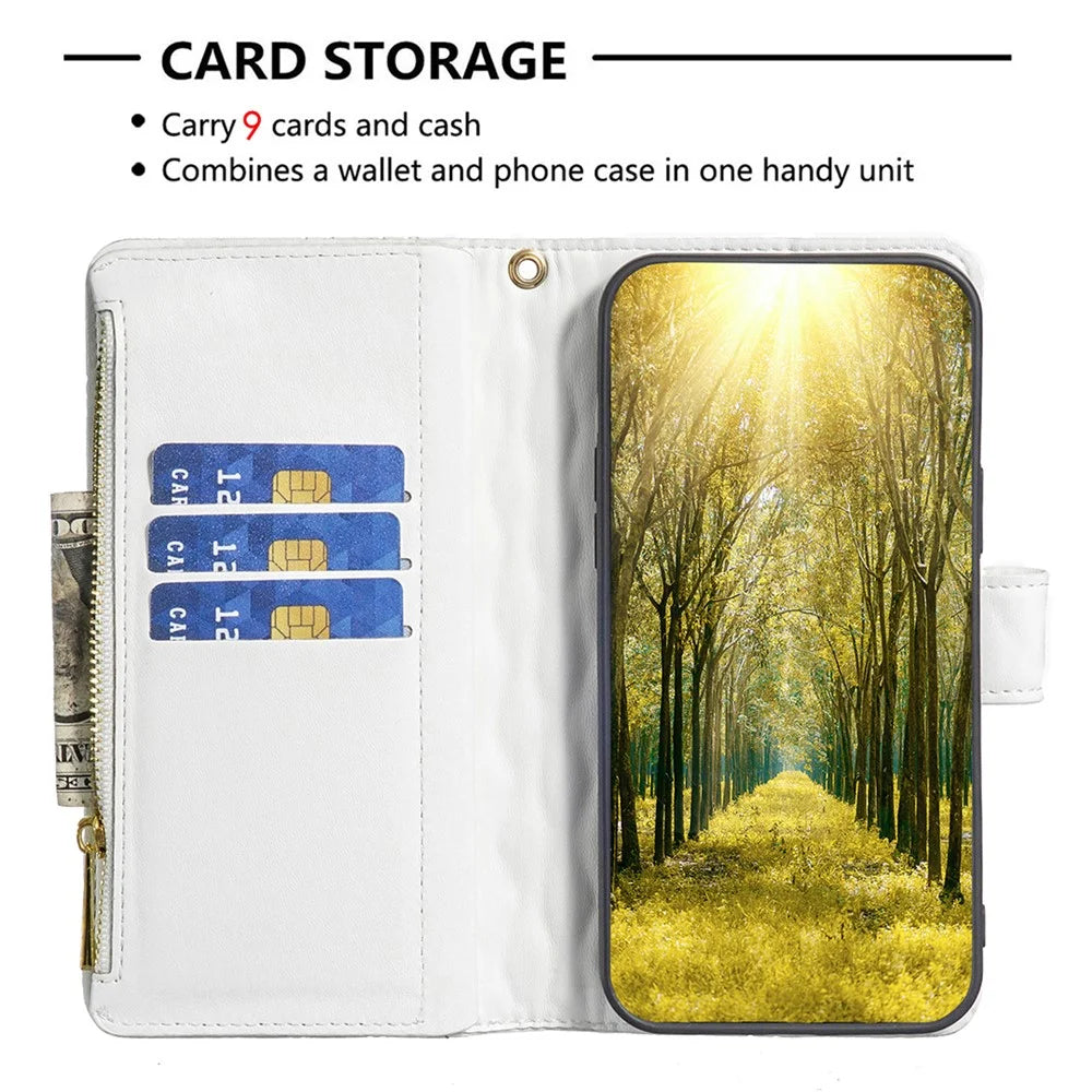 BINFEN COLOR BF Style-15 For iPhone 16 Plus Case Rhombus Imprint Zipper Wallet Leather Phone Cover - White - 3