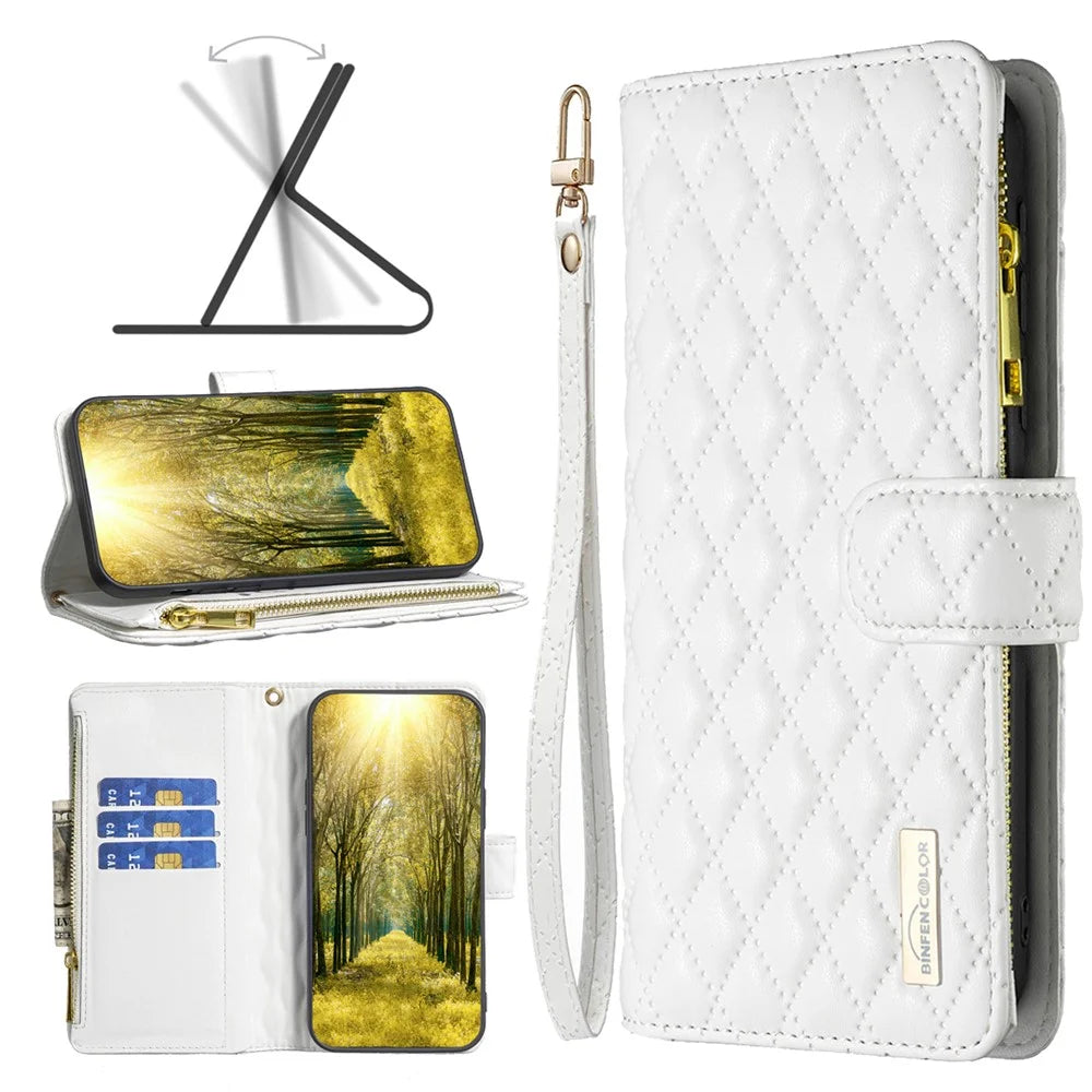 BINFEN COLOR BF Style-15 For iPhone 16 Plus Case Rhombus Imprint Zipper Wallet Leather Phone Cover - White - 6