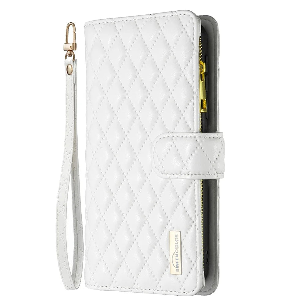 BINFEN COLOR BF Style-15 For iPhone 16 Plus Case Rhombus Imprint Zipper Wallet Leather Phone Cover - White - 7