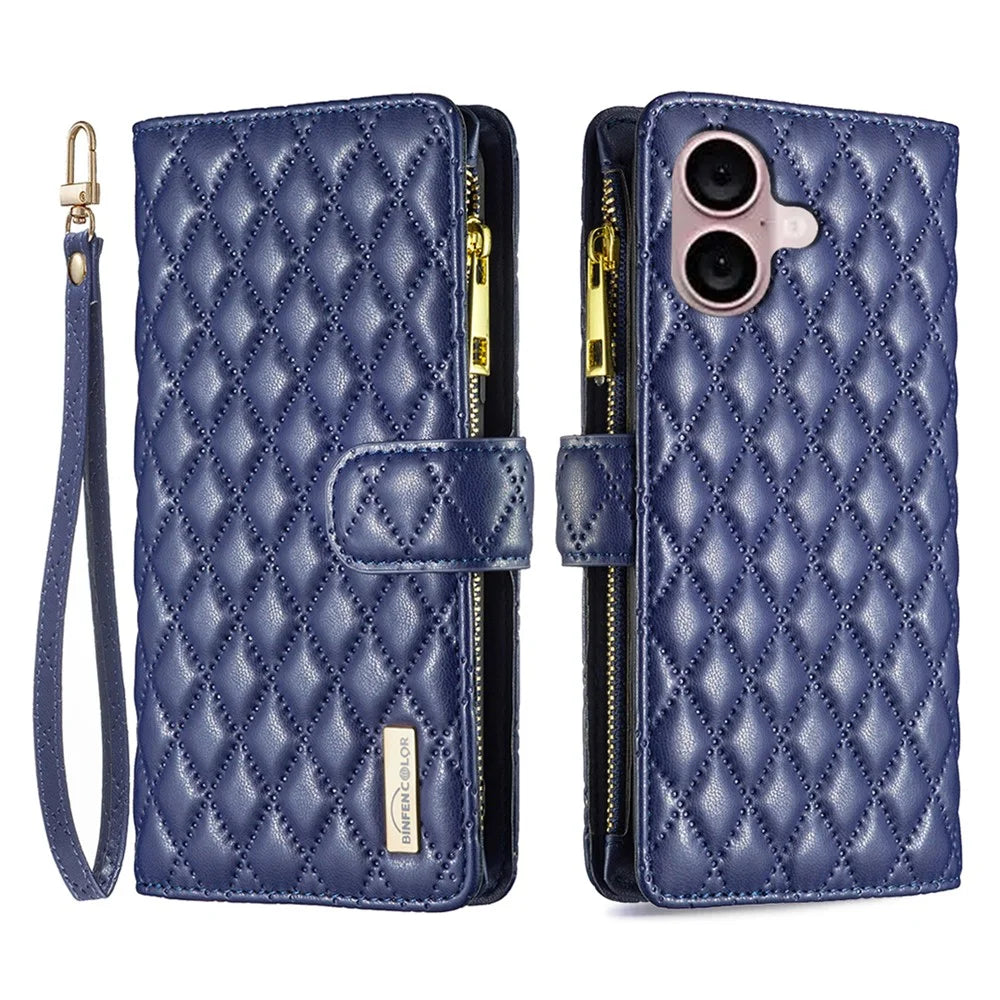 BINFEN COLOR BF Style-15 For iPhone 16 Case Zipper Wallet Leather Drop-Proof Phone Cover - Blue - 1