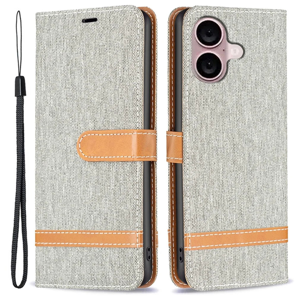 For iPhone 16 Leather Wallet Case Jeans Cloth Texture Protective Cover - Grey - 1