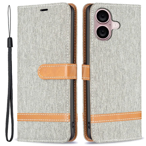 For iPhone 16 Leather Wallet Case Jeans Cloth Texture Protective Cover - Grey - 1
