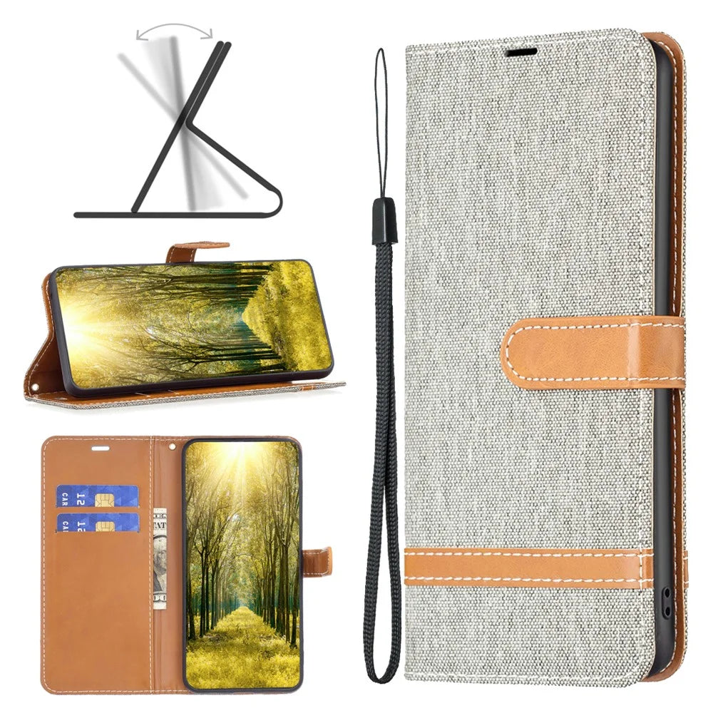 For iPhone 16 Leather Wallet Case Jeans Cloth Texture Protective Cover - Grey - 4