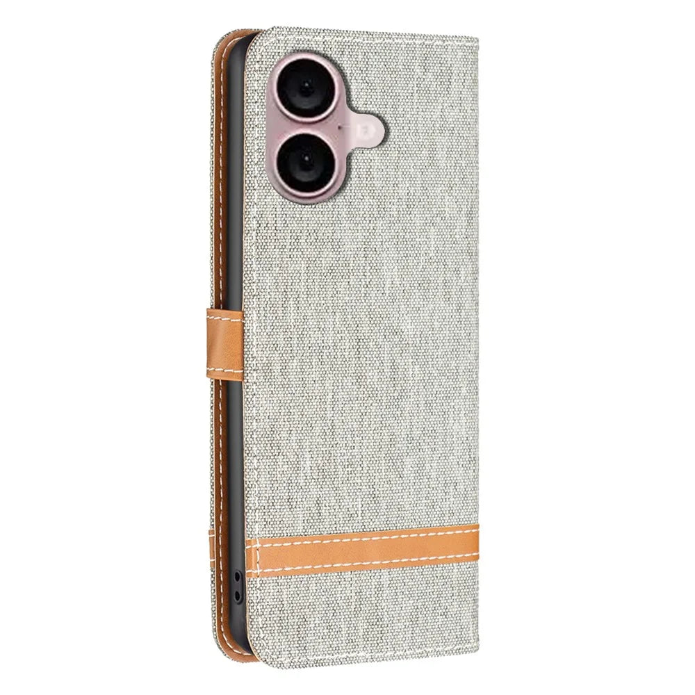 For iPhone 16 Leather Wallet Case Jeans Cloth Texture Protective Cover - Grey - 6