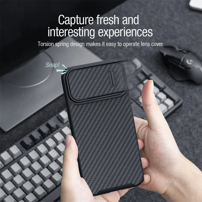 NILLKIN For iPhone 14 Plus Carbon Fiber Phone Case Anti-drop PC + TPU Cover with Slide Camera Protection - 4