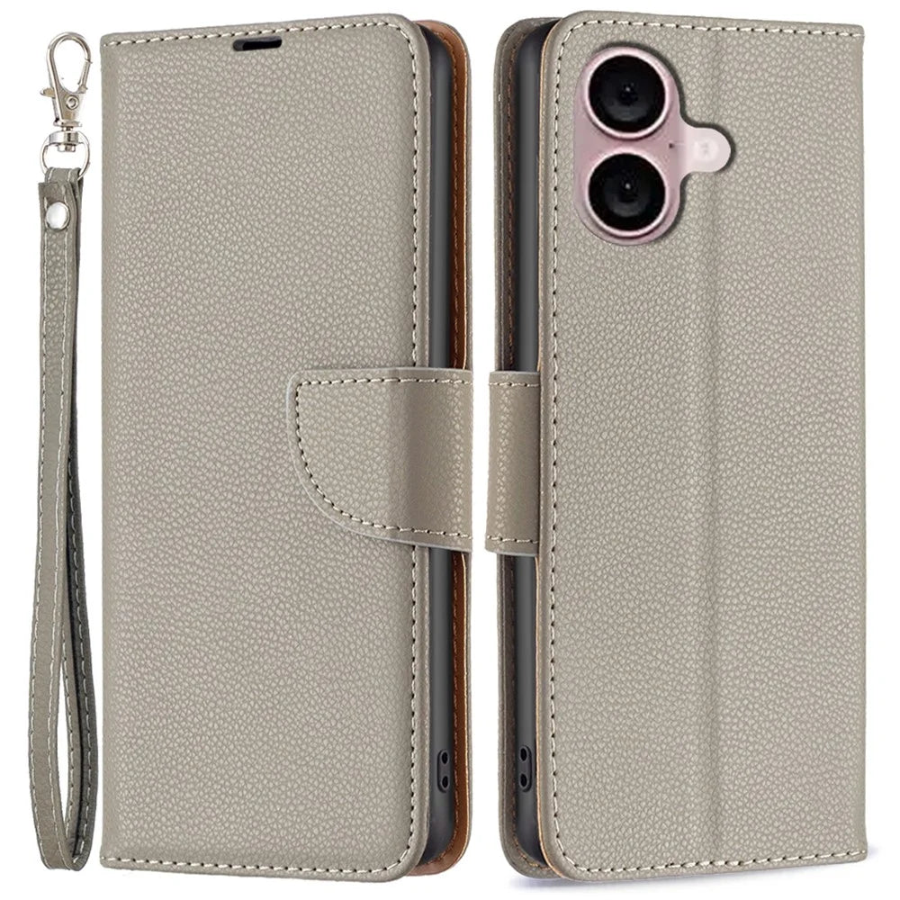 For iPhone 16 Plus Wallet Case with Wrist Strap Litchi Texture Leather Phone Stand Cover - Grey - 1