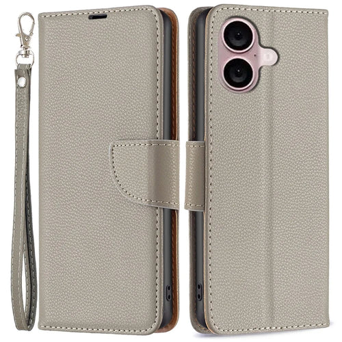 For iPhone 16 Plus Wallet Case with Wrist Strap Litchi Texture Leather Phone Stand Cover - Grey - 1