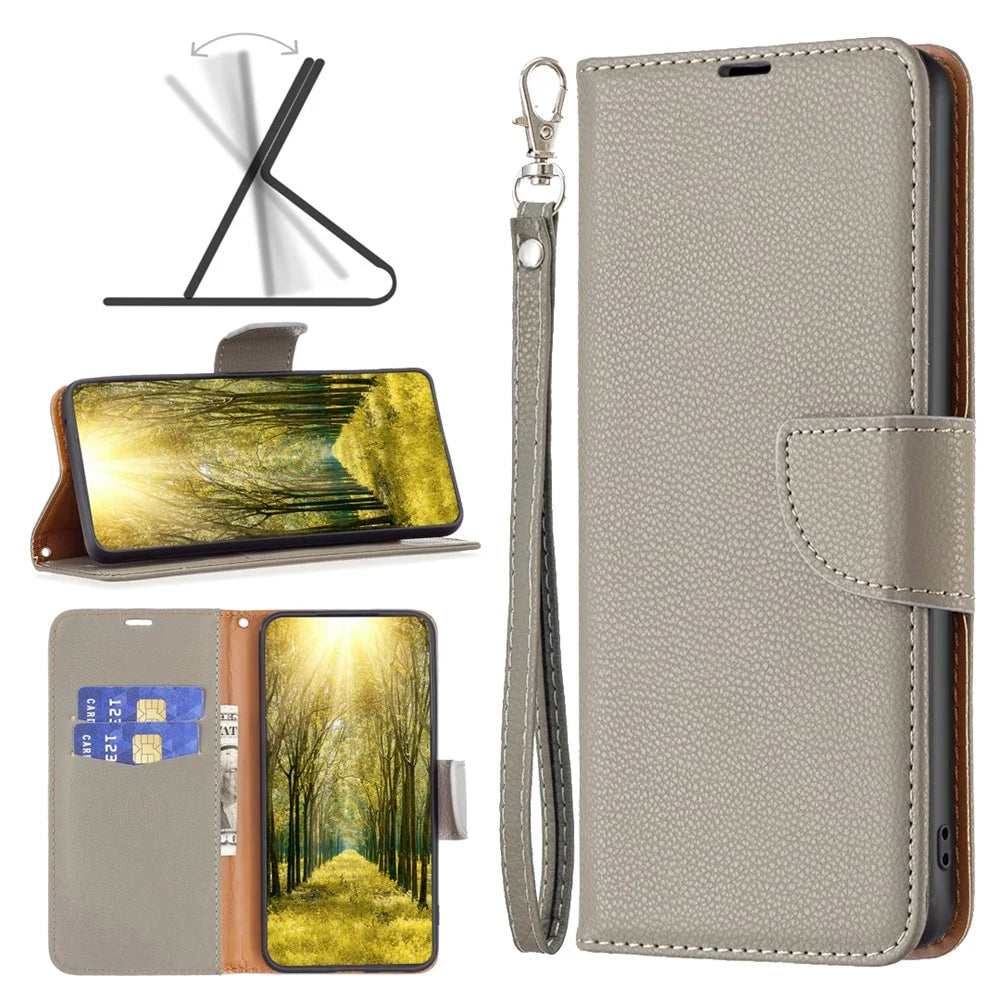 For iPhone 16 Plus Wallet Case with Wrist Strap Litchi Texture Leather Phone Stand Cover - Grey - 4