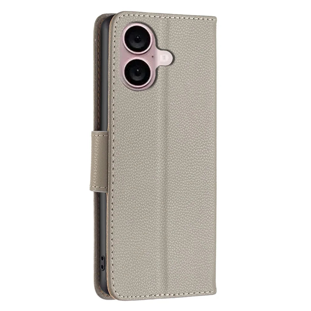 For iPhone 16 Wallet Case with Wrist Strap Litchi Texture Leather Phone Stand Cover - Grey - 6